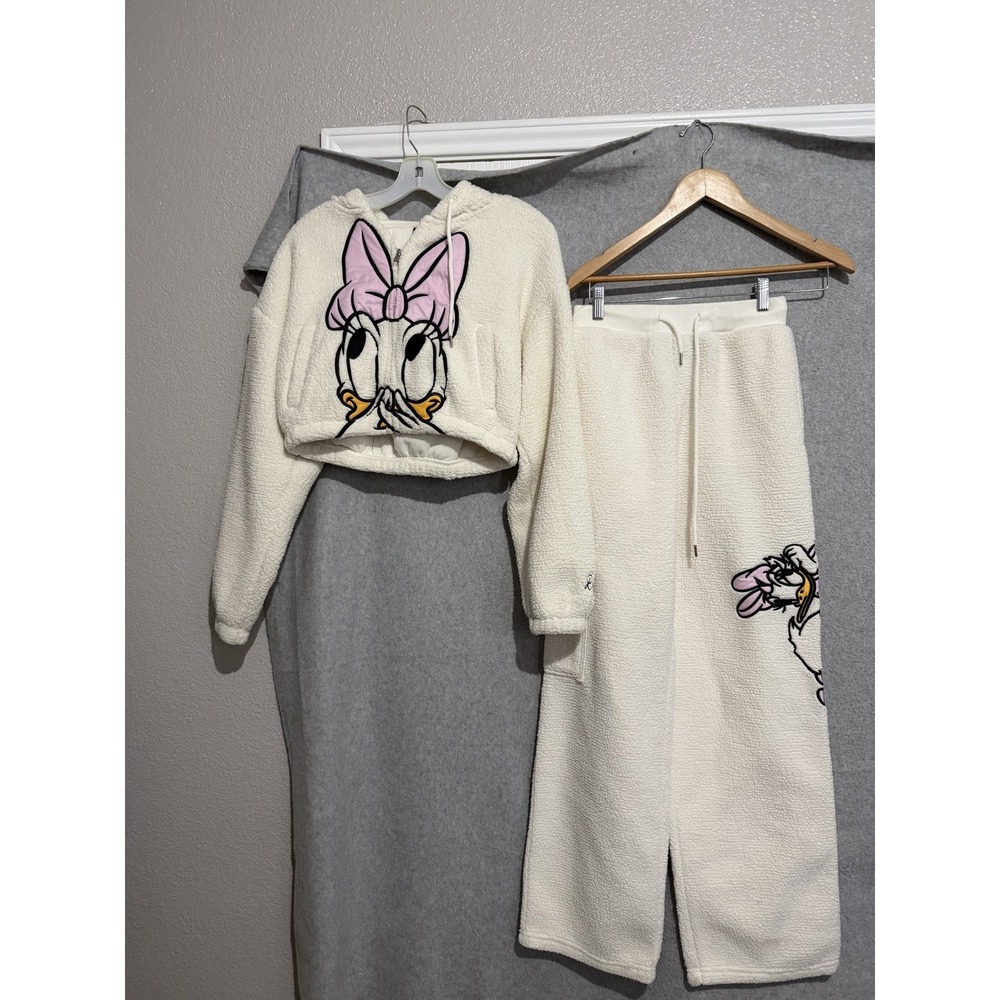 Disney Forever 21 Lounge Set Womens XS White Daisy Duck Fleece Hoodie Pants
